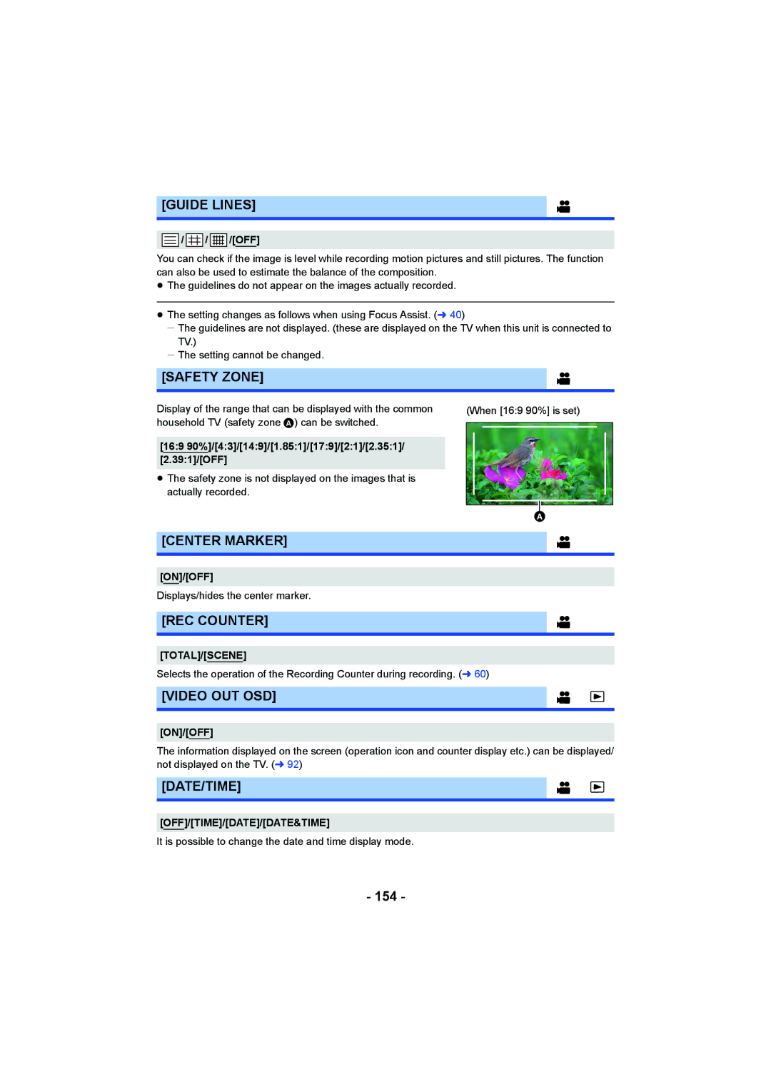 Panasonic HC-X1000 owner manual Guide Lines, Safety Zone, Center Marker, Video OUT OSD, Date/Time 