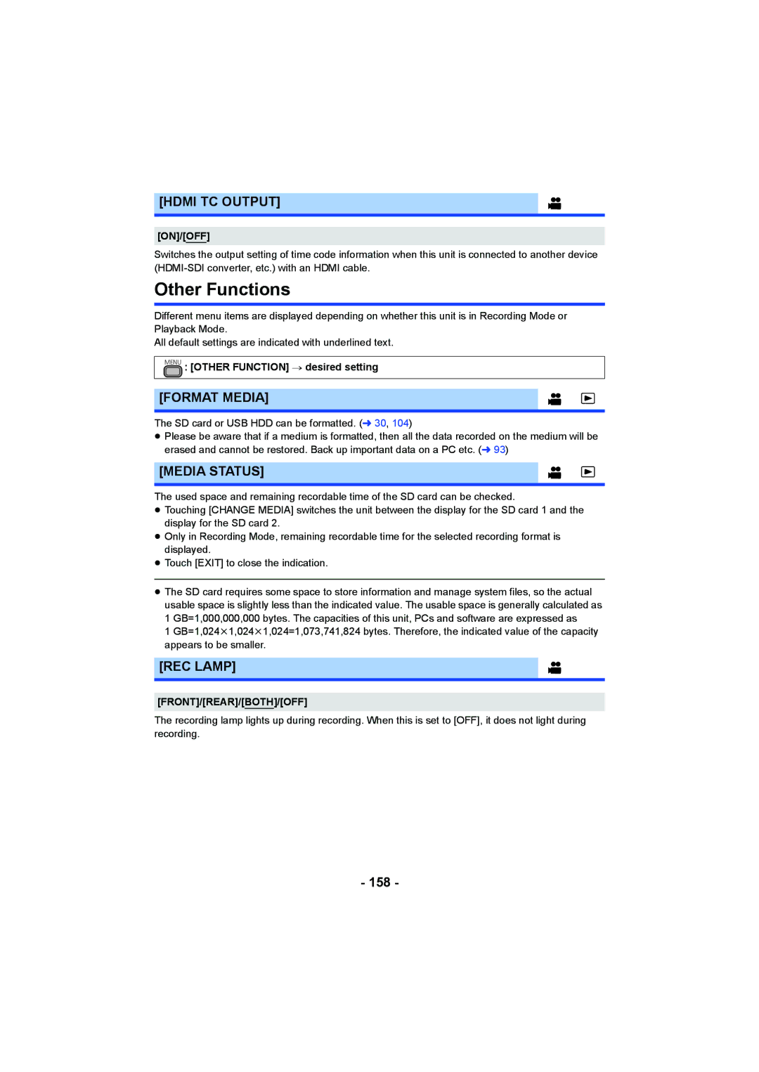 Panasonic HC-X1000 owner manual Other Functions, Hdmi TC Output, Format Media, Media Status, REC Lamp 