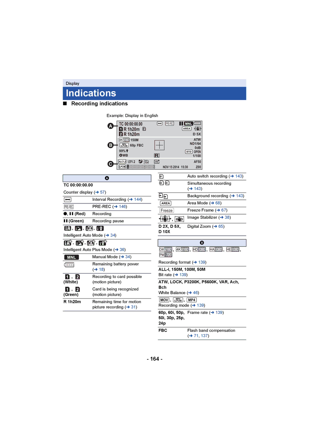 Panasonic HC-X1000 owner manual Indications, Recording indications, 164, 1h20m, Fbc 