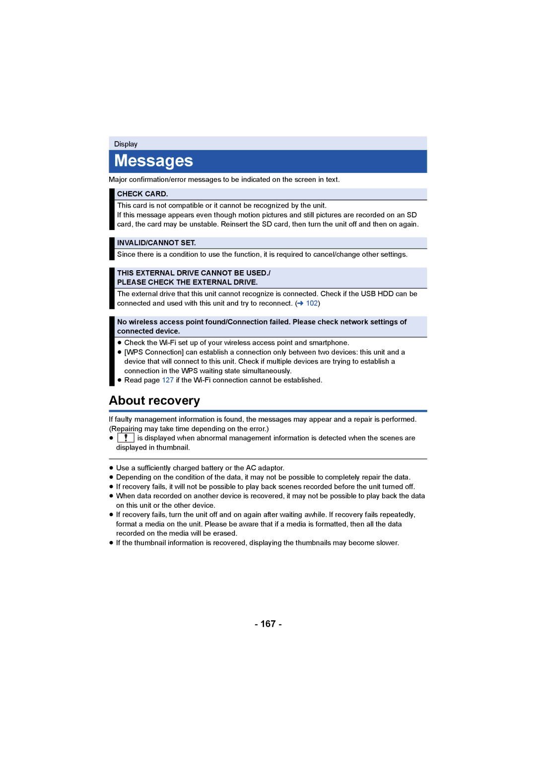 Panasonic HC-X1000 owner manual Messages, About recovery, 167, Check Card, Invalid/Cannot Set 