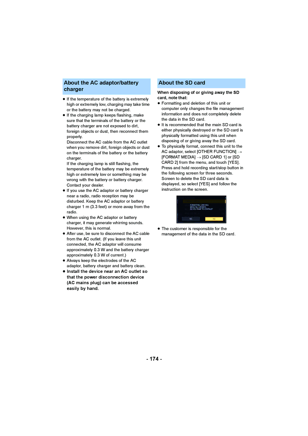 Panasonic HC-X1000 owner manual About the AC adaptor/battery charger, About the SD card, 174 