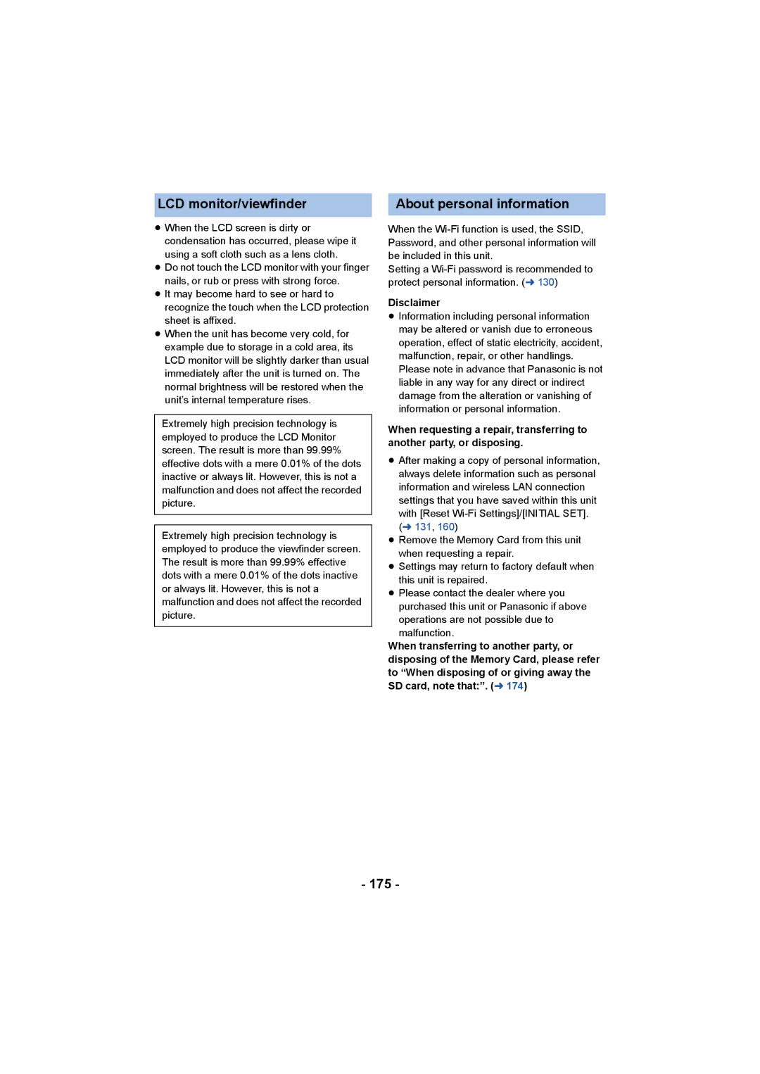 Panasonic HC-X1000 owner manual LCD monitor/viewfinder, About personal information, 175, Disclaimer 