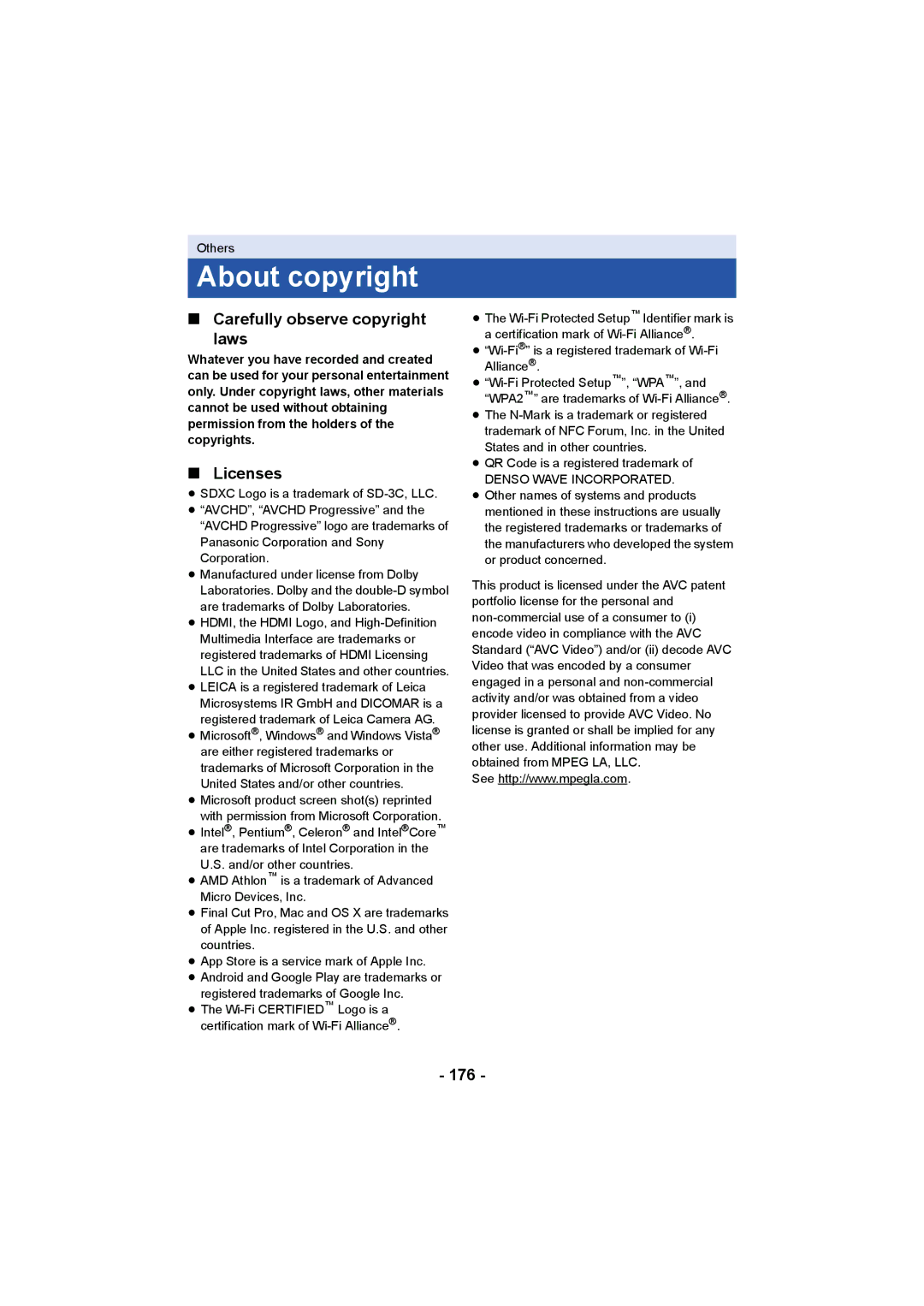 Panasonic HC-X1000 owner manual About copyright, Carefully observe copyright Laws, Licenses, 176 