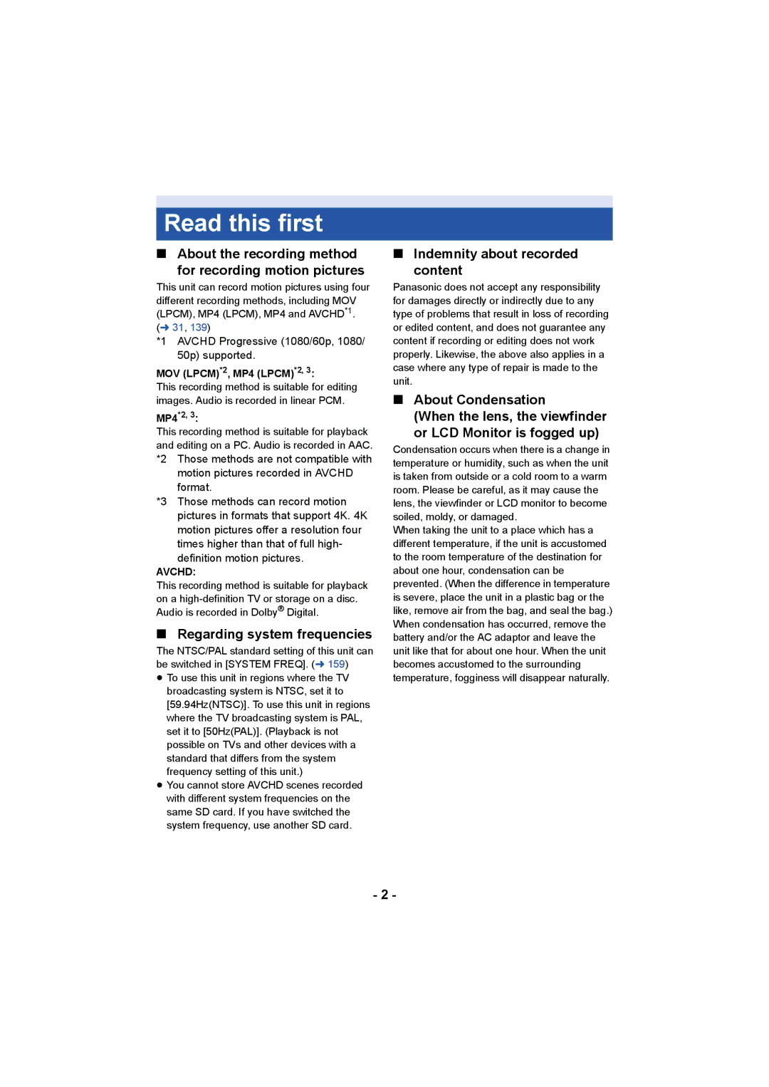 Panasonic HC-X1000 Read this first, About the recording method For recording motion pictures, Regarding system frequencies 