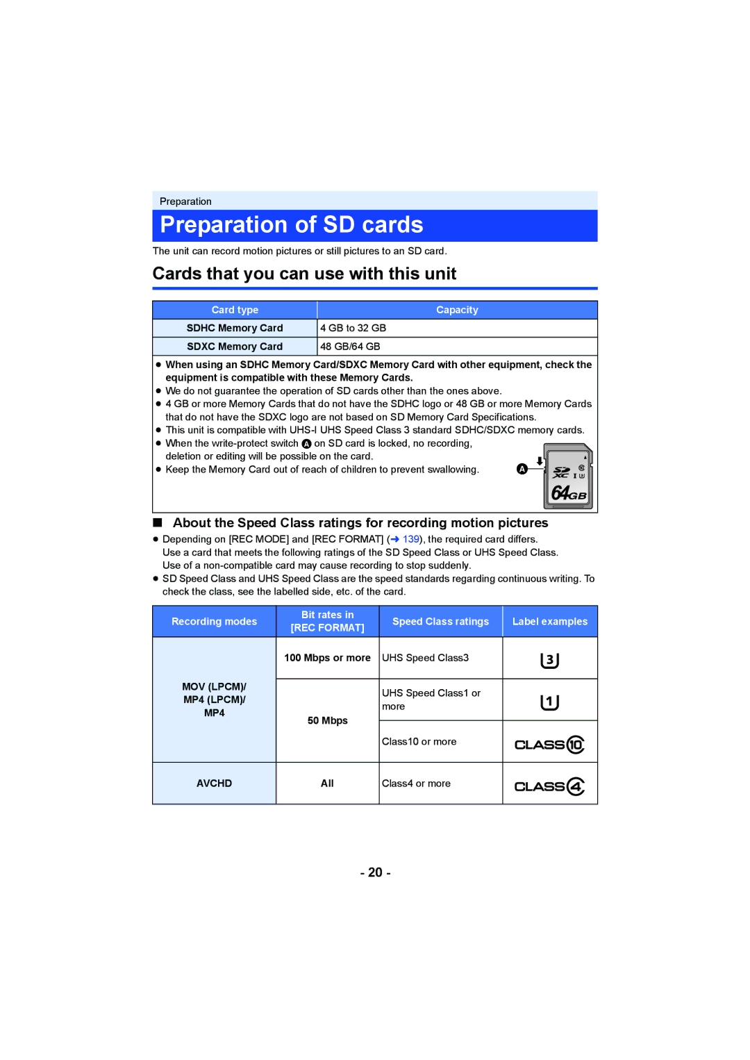 Panasonic HC-X1000 owner manual Preparation of SD cards, Cards that you can use with this unit 