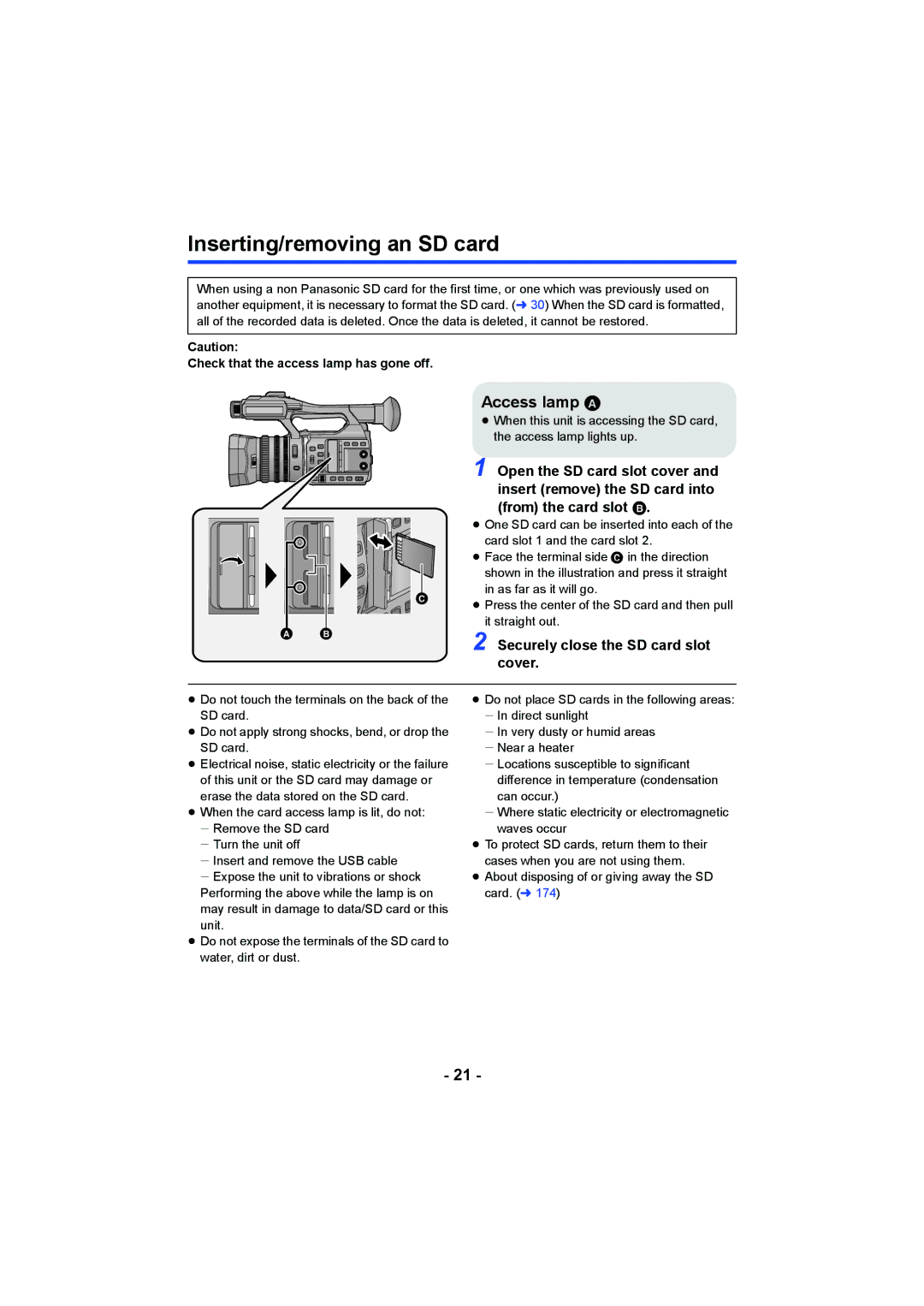 Panasonic HC-X1000 owner manual Inserting/removing an SD card, Access lamp a, From the card slot B 