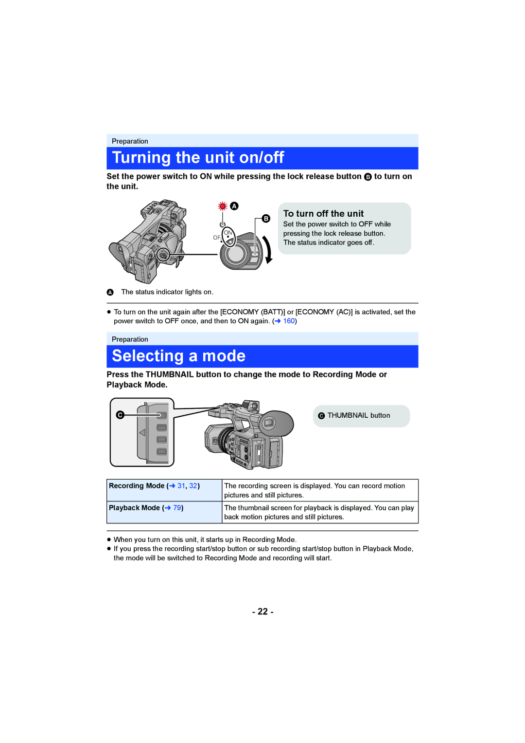 Panasonic HC-X1000 owner manual Turning the unit on/off, Selecting a mode, To turn off the unit, Thumbnail button 