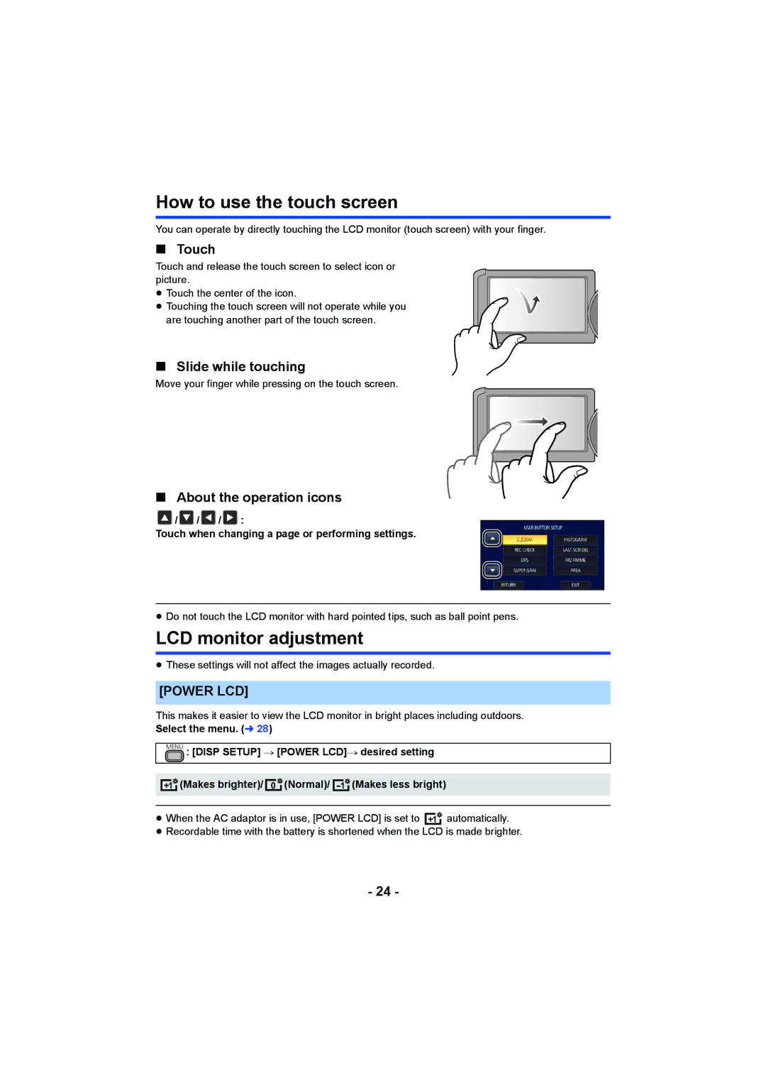 Panasonic HC-X1000 owner manual How to use the touch screen, LCD monitor adjustment, Power LCD 