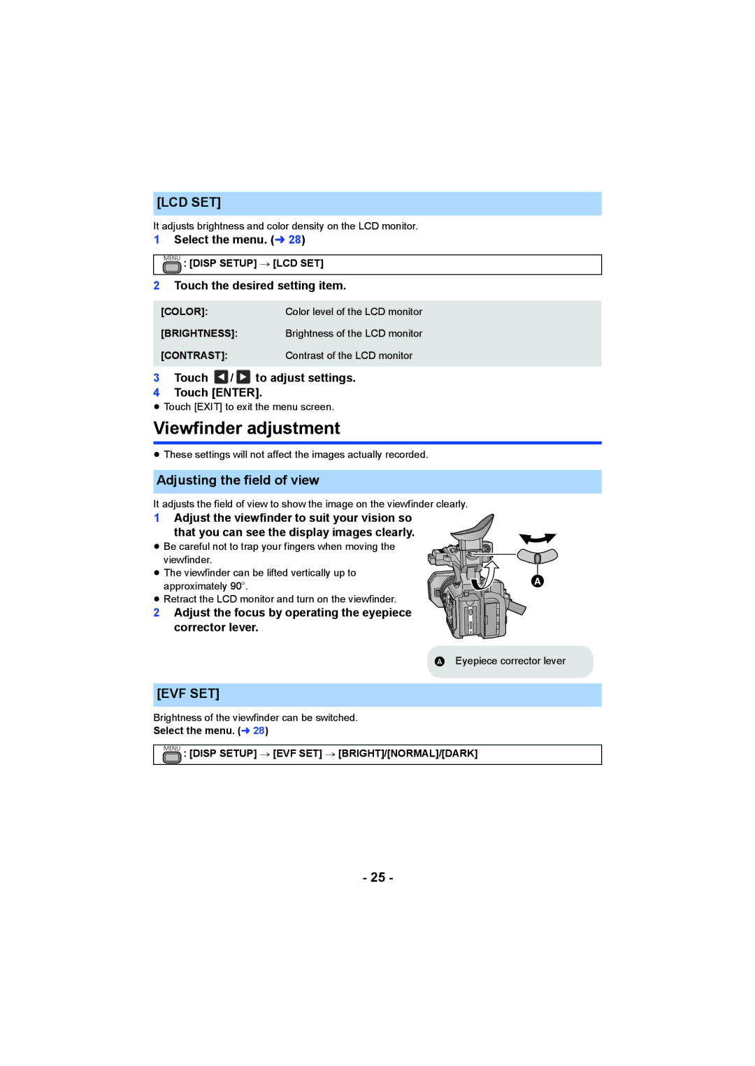 Panasonic HC-X1000 owner manual Viewfinder adjustment, Lcd Set, Adjusting the field of view, Evf Set 