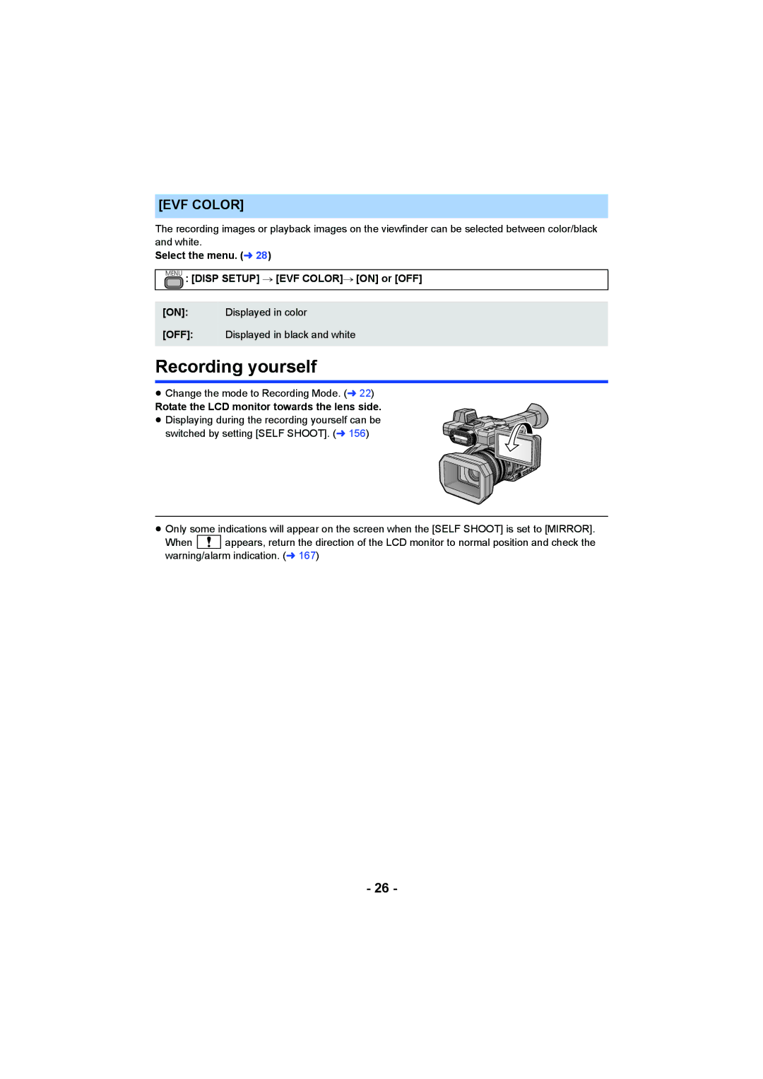 Panasonic HC-X1000 owner manual Recording yourself, EVF Color, Select the menu. l Menu Disp Setup # EVF COLOR# on or OFF 