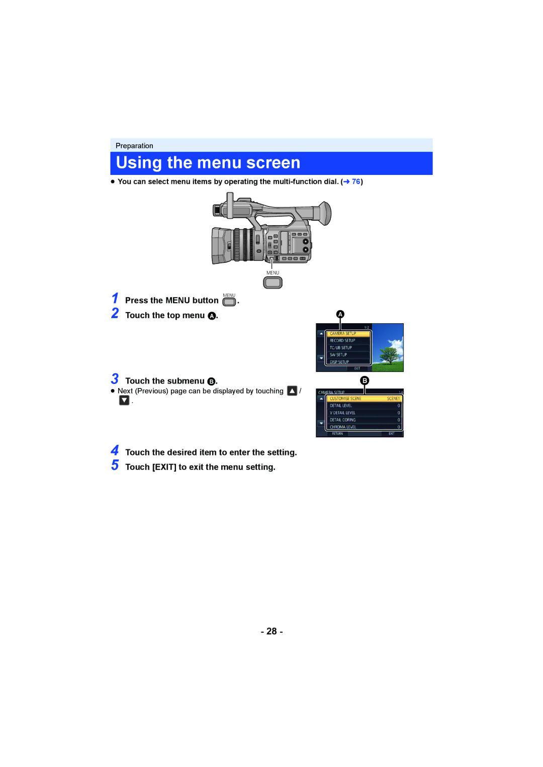 Panasonic HC-X1000 owner manual Using the menu screen, Touch the desired item to enter the setting 