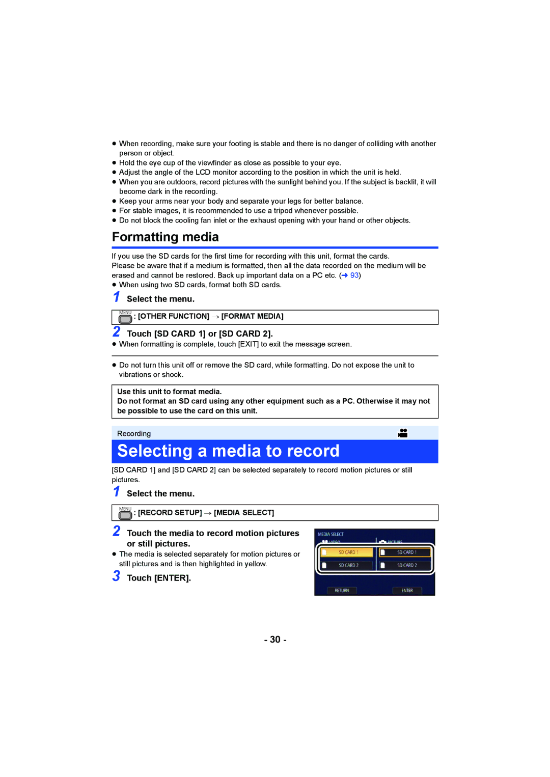 Panasonic HC-X1000 owner manual Selecting a media to record, Formatting media, Select the menu, Touch SD Card 1 or SD Card 