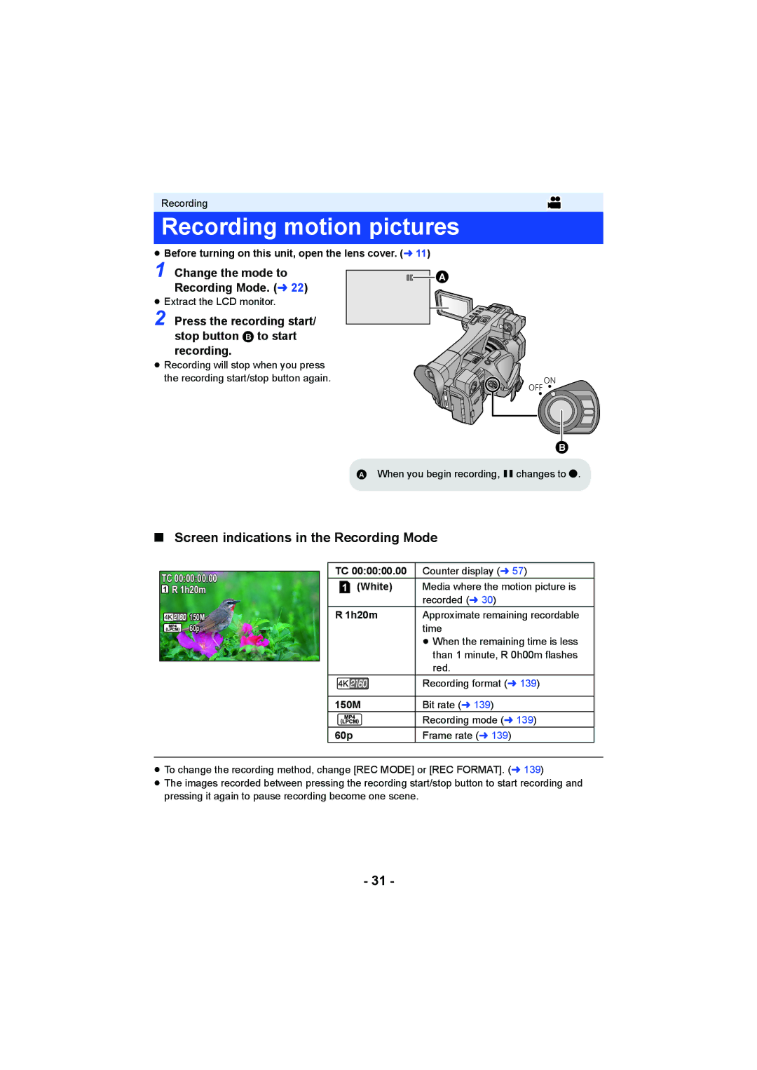 Panasonic HC-X1000 owner manual Recording motion pictures, Screen indications in the Recording Mode, 1h20m 