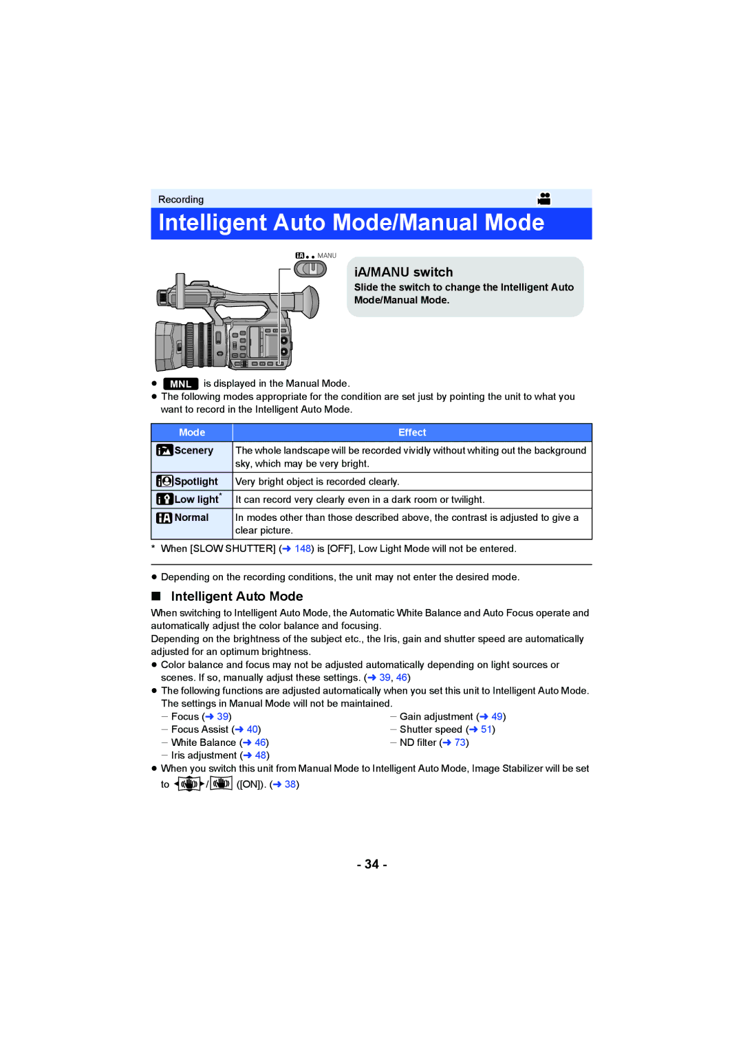 Panasonic HC-X1000 owner manual Intelligent Auto Mode/Manual Mode, IA/MANU switch, Mode Effect 