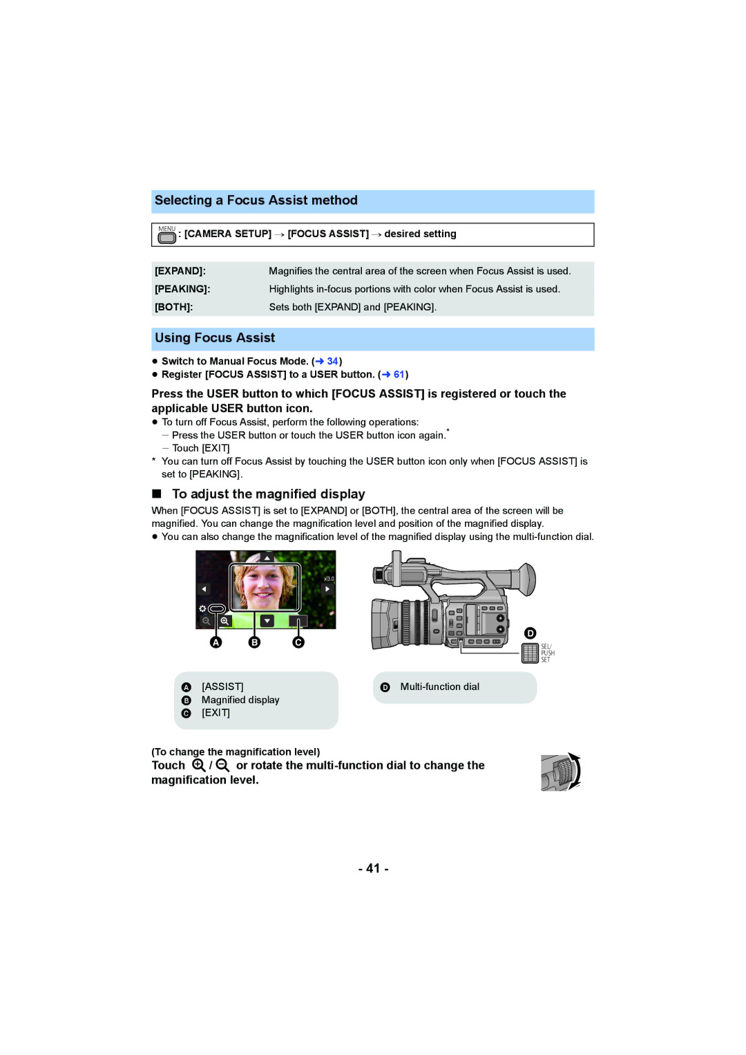 Panasonic HC-X1000 owner manual Selecting a Focus Assist method, Using Focus Assist, To adjust the magnified display 