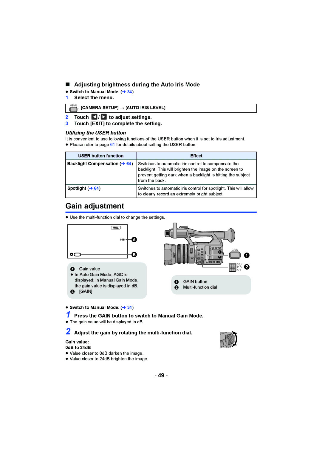 Panasonic HC-X1000 Gain adjustment, Adjusting brightness during the Auto Iris Mode, Menu Camera Setup # Auto Iris Level 