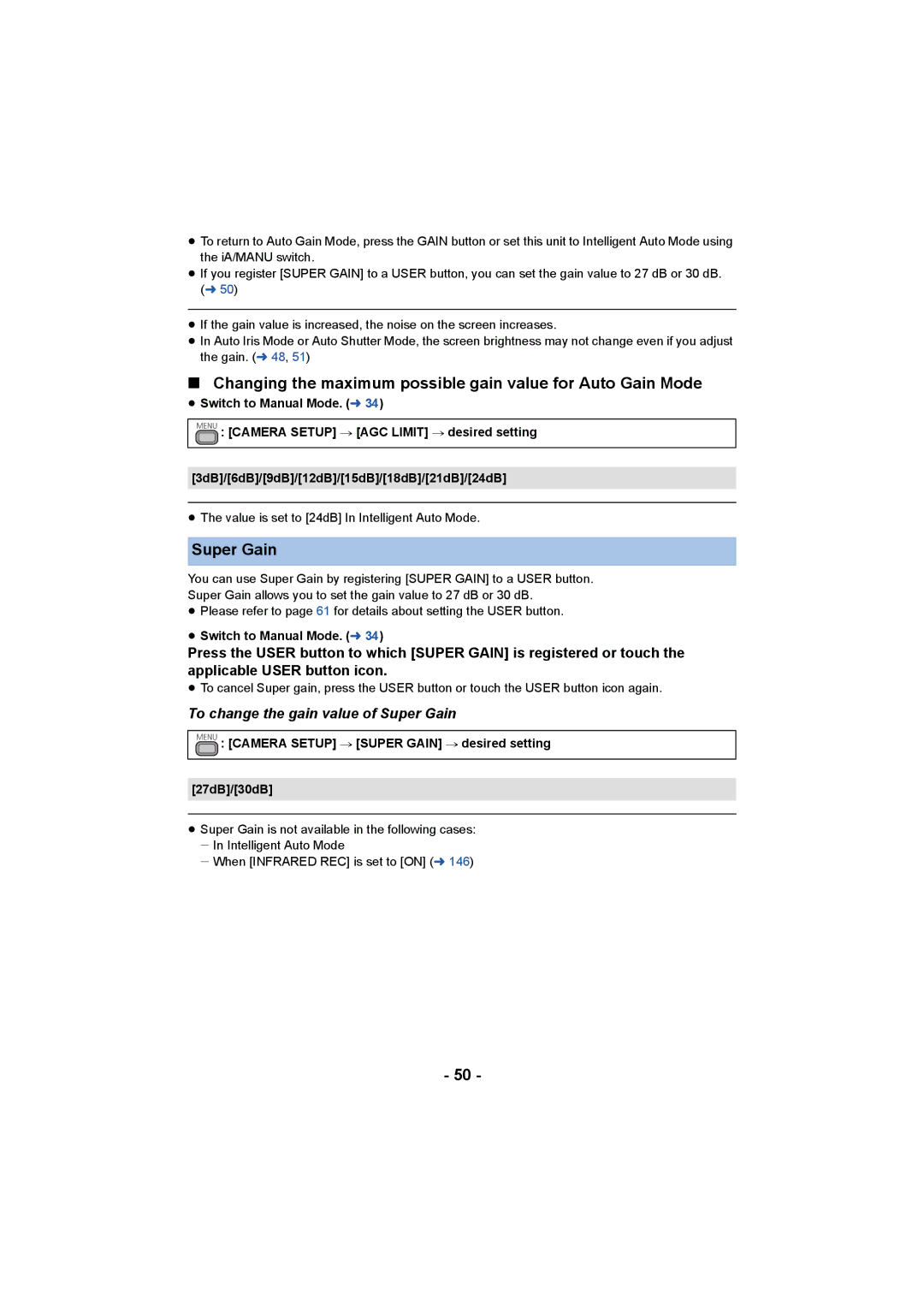 Panasonic HC-X1000 owner manual Changing the maximum possible gain value for Auto Gain Mode, Super Gain 