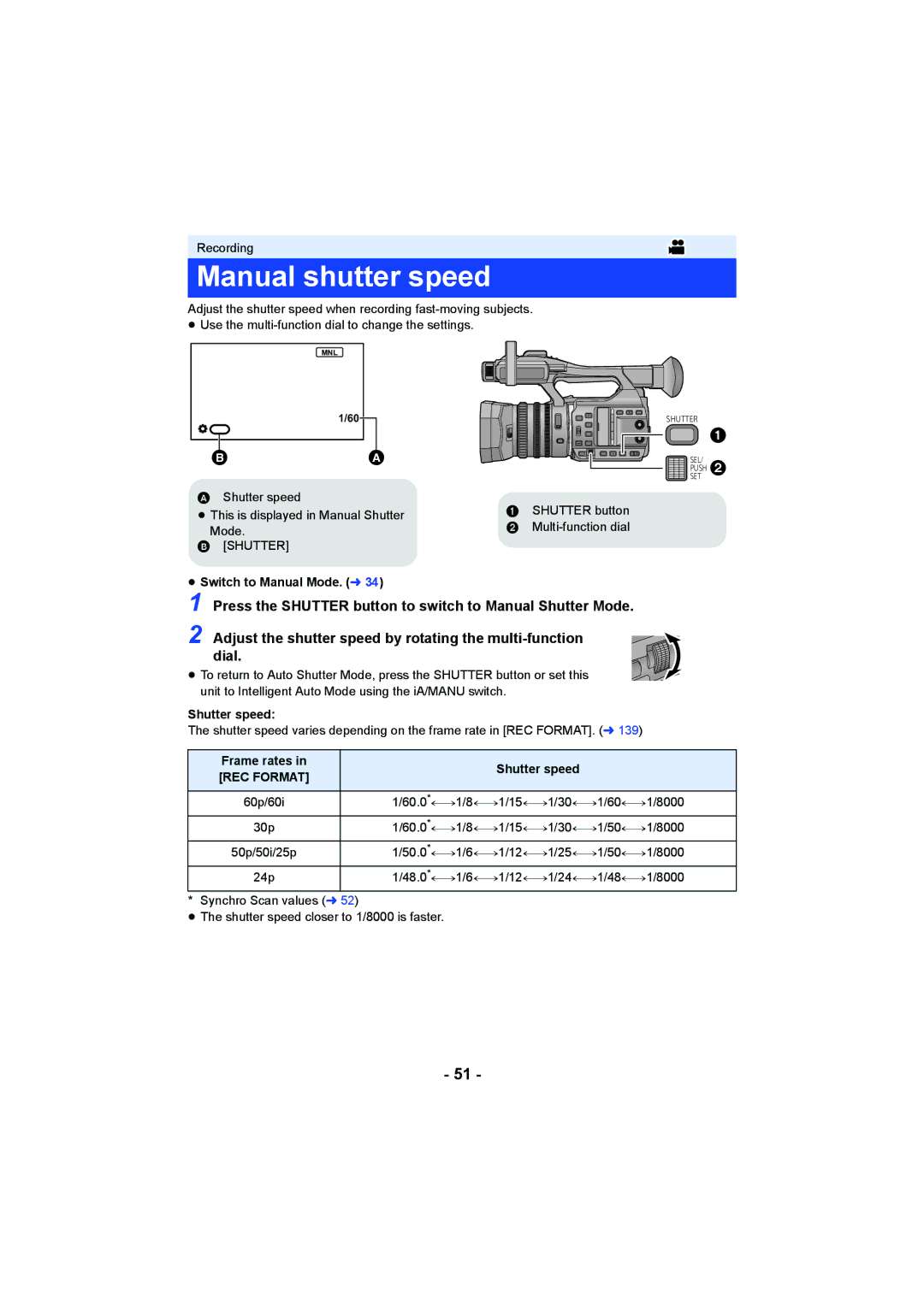 Panasonic HC-X1000 owner manual Manual shutter speed,  , Frame rates Shutter speed, REC Format 