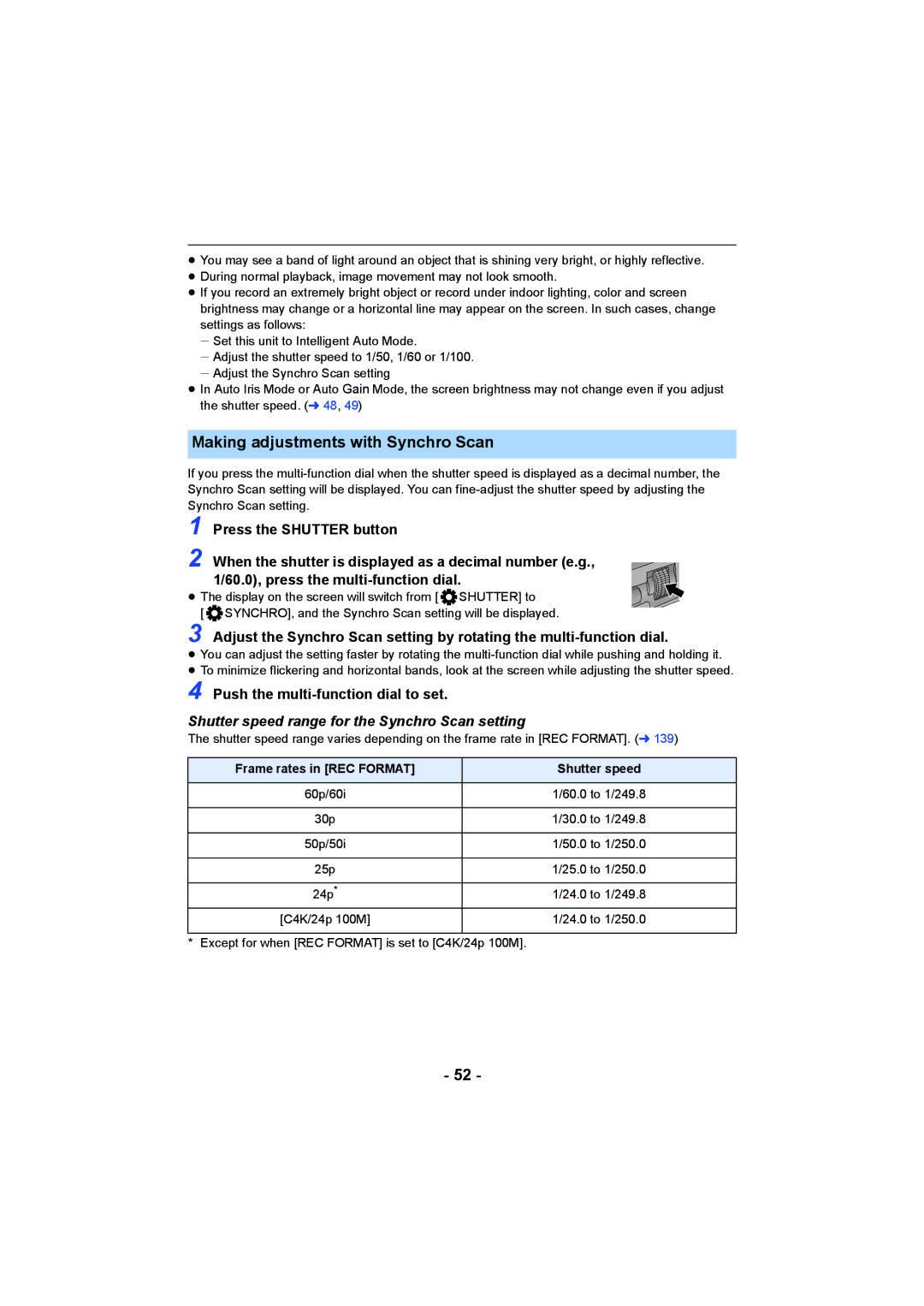 Panasonic HC-X1000 owner manual Making adjustments with Synchro Scan, Push the multi-function dial to set 