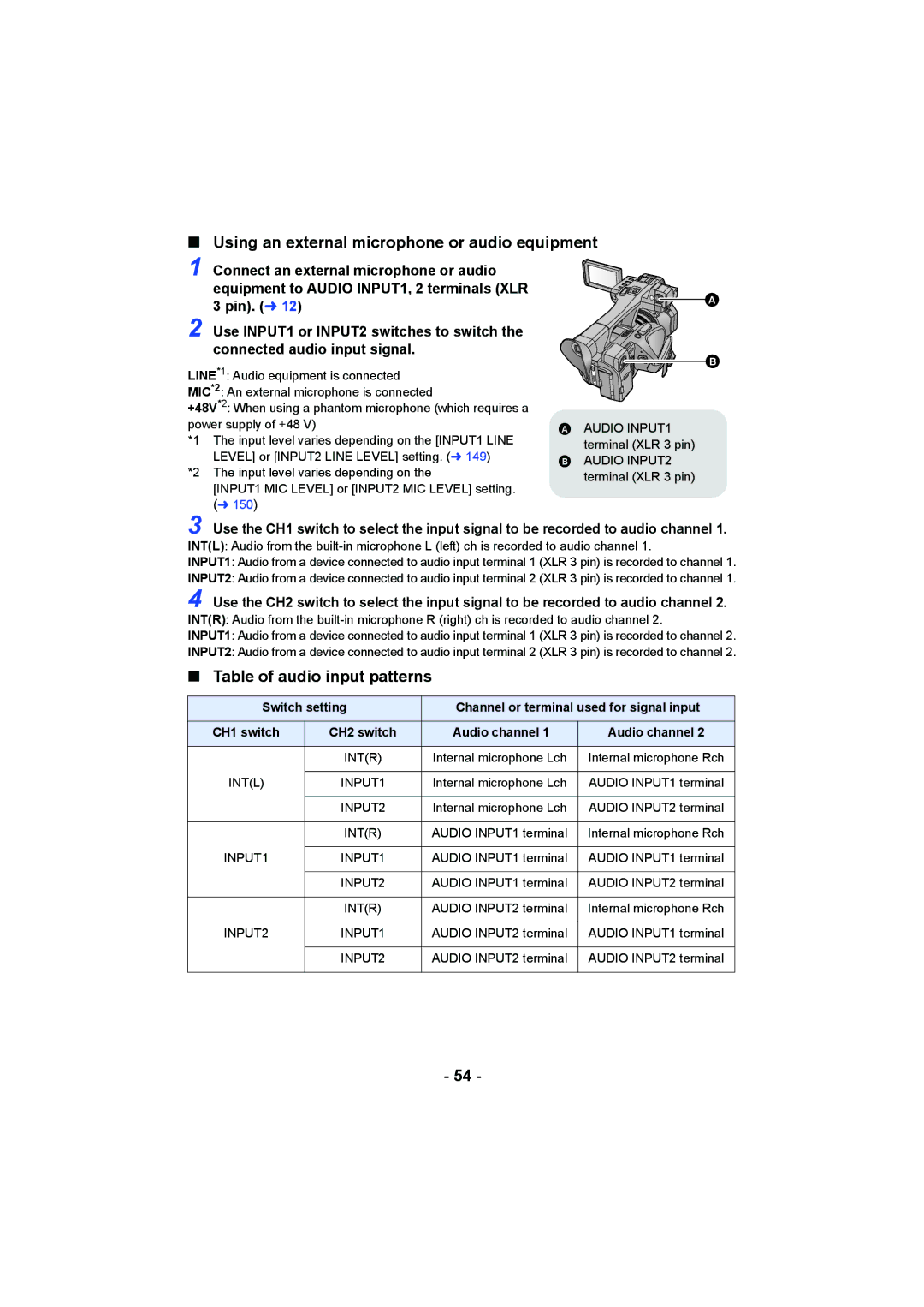 Panasonic HC-X1000 owner manual Using an external microphone or audio equipment, Table of audio input patterns, CH2 switch 