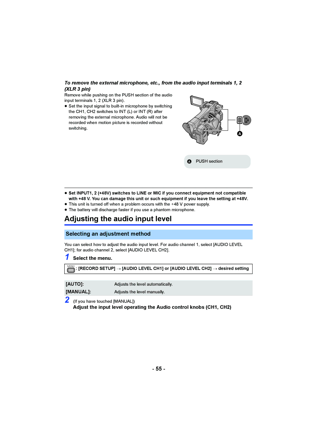 Panasonic HC-X1000 owner manual Adjusting the audio input level, Selecting an adjustment method 