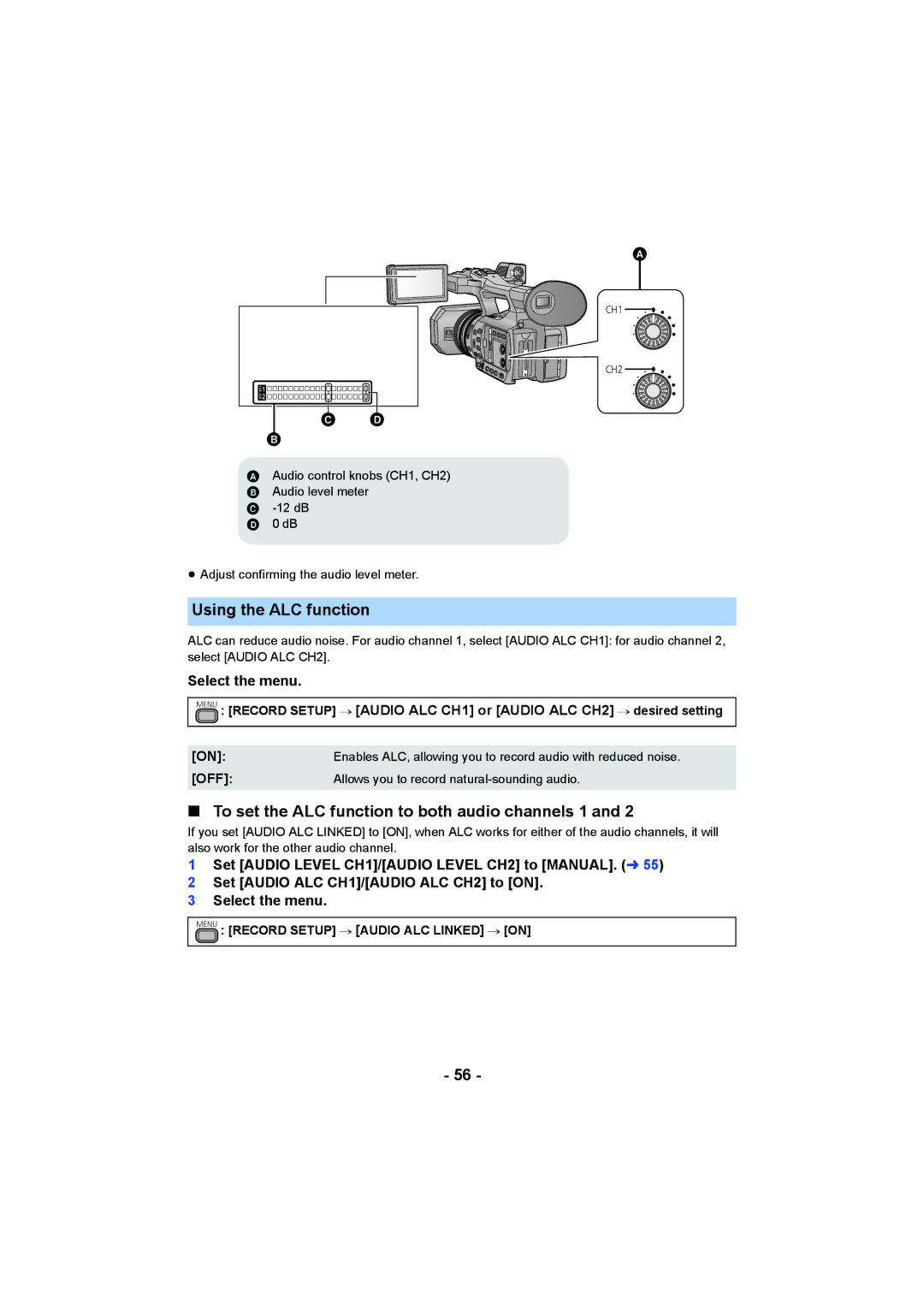 Panasonic HC-X1000 owner manual Using the ALC function, To set the ALC function to both audio channels 1 