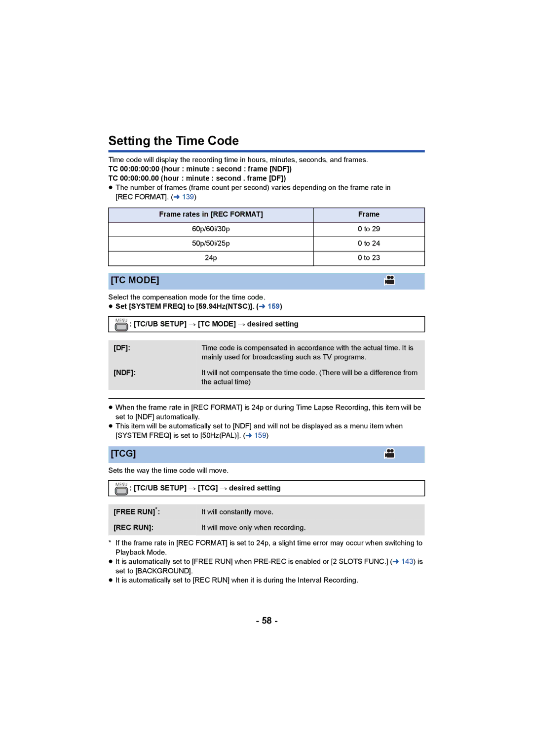 Panasonic HC-X1000 owner manual Setting the Time Code, TC Mode, Tcg, Free RUN 