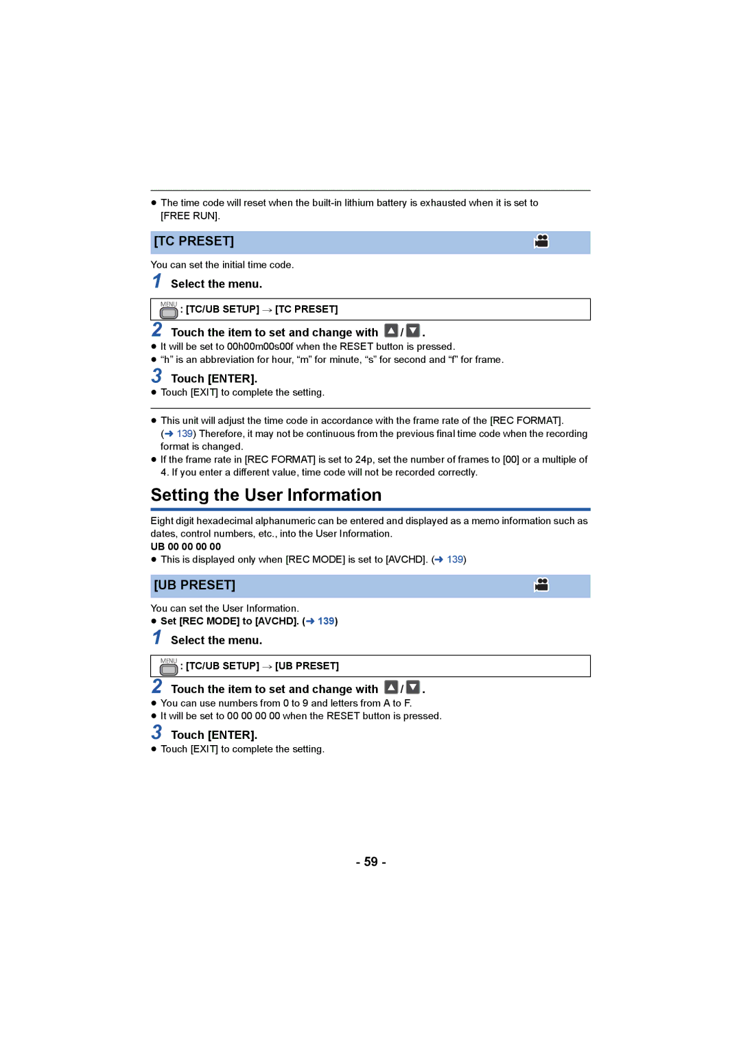 Panasonic HC-X1000 owner manual Setting the User Information, TC Preset, UB Preset, Touch the item to set and change with 