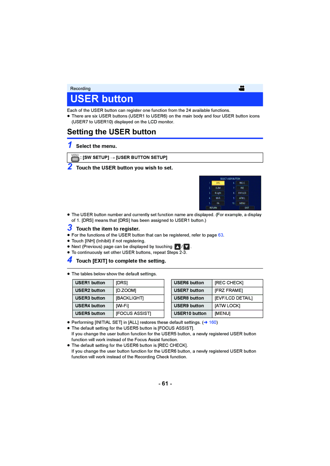 Panasonic HC-X1000 Setting the User button, Touch the User button you wish to set, Touch the item to register 