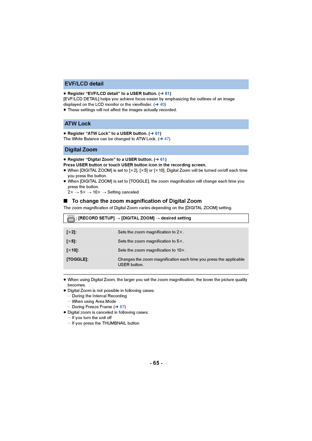 Panasonic HC-X1000 owner manual EVF/LCD detail, ATW Lock, To change the zoom magnification of Digital Zoom, Toggle 