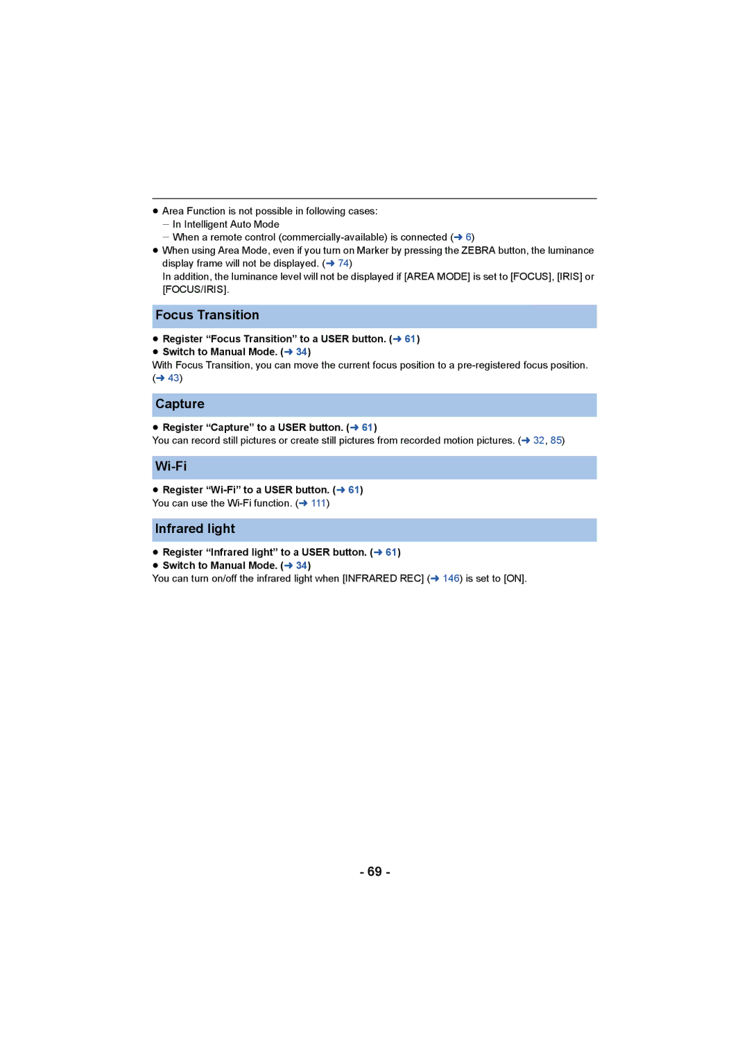 Panasonic HC-X1000 owner manual Focus Transition, Capture, Wi-Fi, Infrared light 