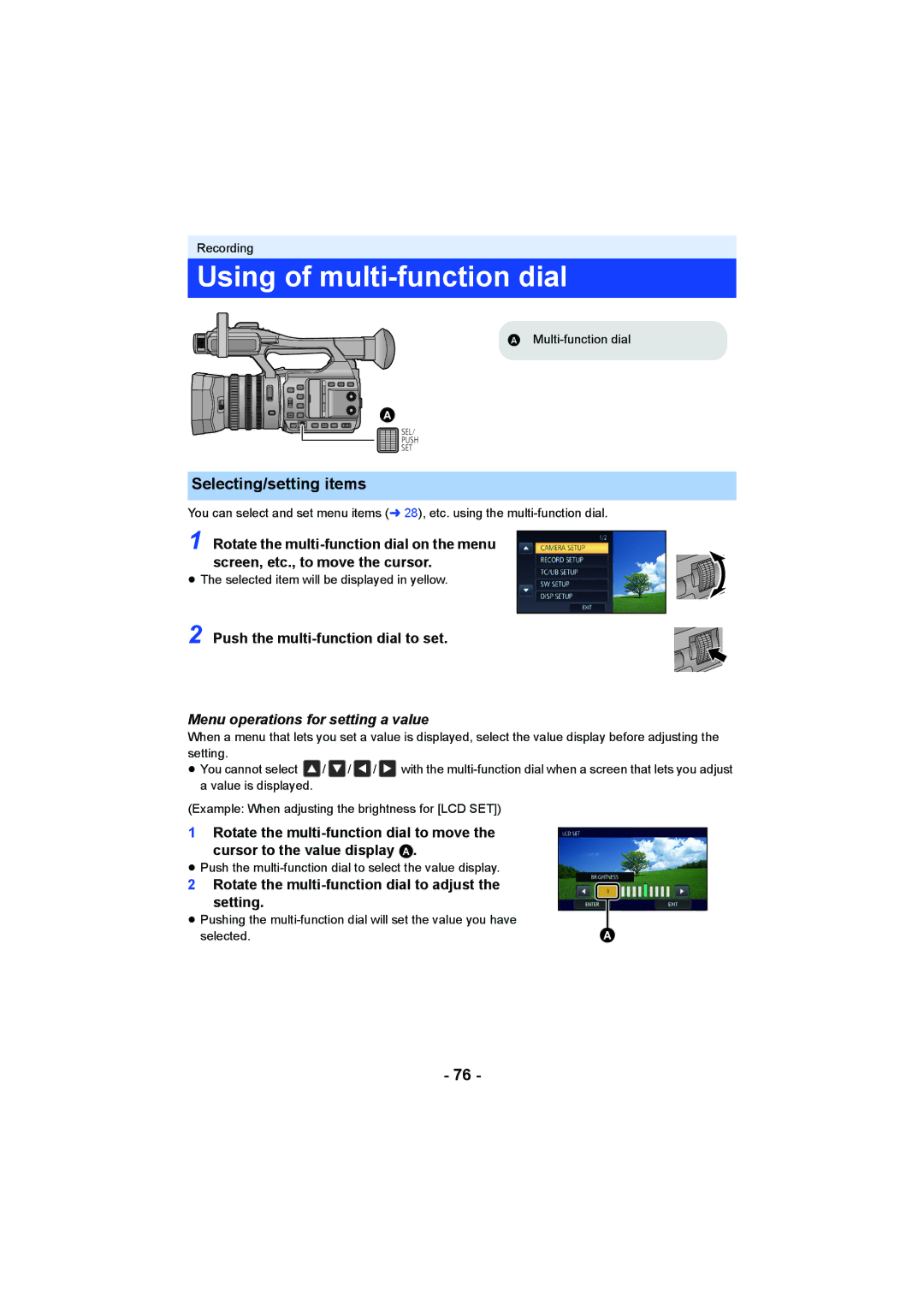 Panasonic HC-X1000 owner manual Using of multi-function dial, Selecting/setting items, Menu operations for setting a value 