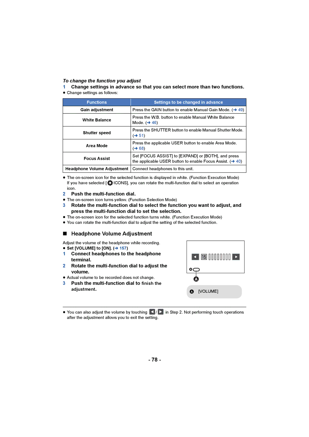 Panasonic HC-X1000 Headphone Volume Adjustment, To change the function you adjust, Push the multi-function dial 