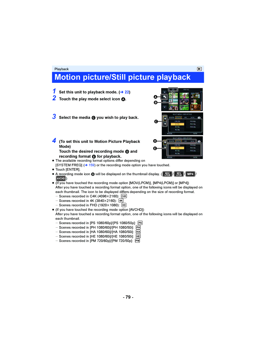 Panasonic HC-X1000 owner manual Motion picture/Still picture playback 