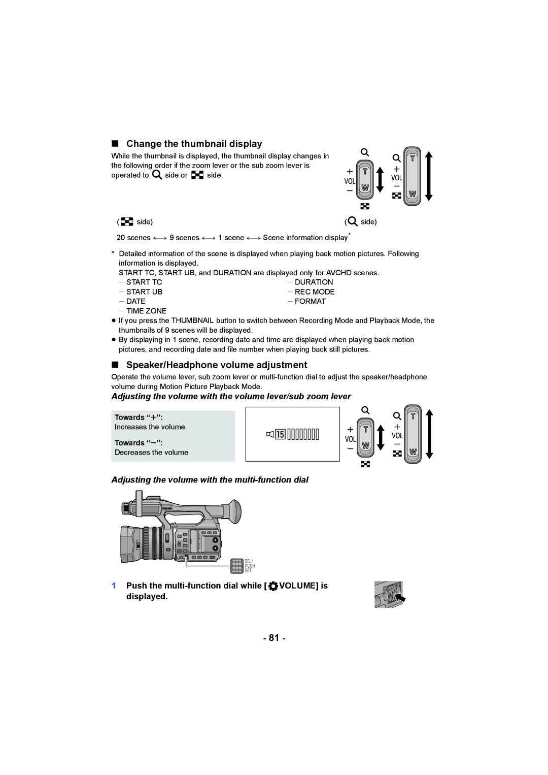 Panasonic HC-X1000 owner manual Change the thumbnail display, Speaker/Headphone volume adjustment 