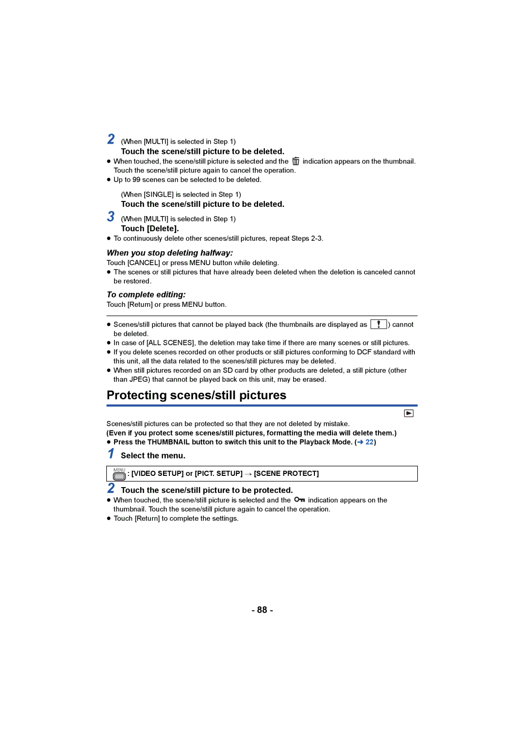 Panasonic HC-X1000 owner manual Protecting scenes/still pictures, When you stop deleting halfway, To complete editing 