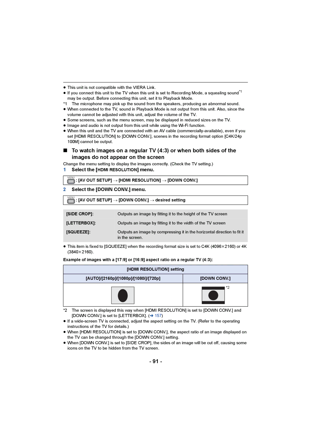 Panasonic HC-X1000 owner manual Select the Hdmi Resolution menu, Select the Down CONV. menu 