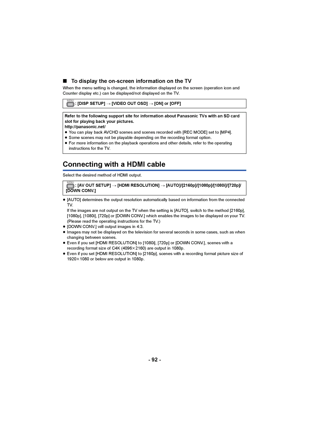 Panasonic HC-X1000 owner manual Connecting with a Hdmi cable, To display the on-screen information on the TV 