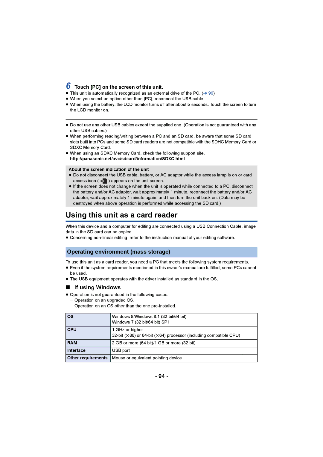 Panasonic HC-X1000 owner manual Using this unit as a card reader, Operating environment mass storage, If using Windows 