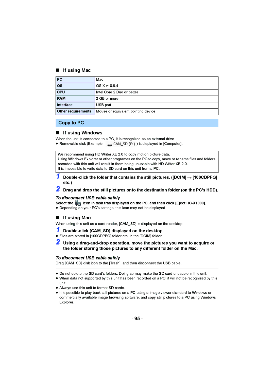 Panasonic HC-X1000 owner manual If using Mac, Copy to PC If using Windows, To disconnect USB cable safely 