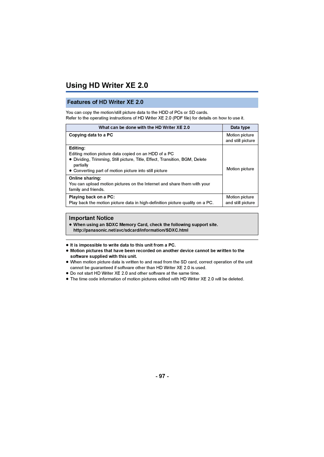 Panasonic HC-X1000 owner manual Using HD Writer XE, Features of HD Writer XE, Important Notice 