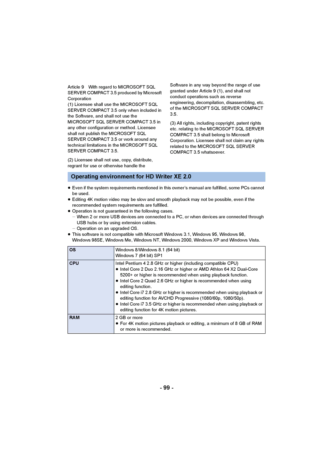 Panasonic HC-X1000 owner manual Operating environment for HD Writer XE, Cpu 