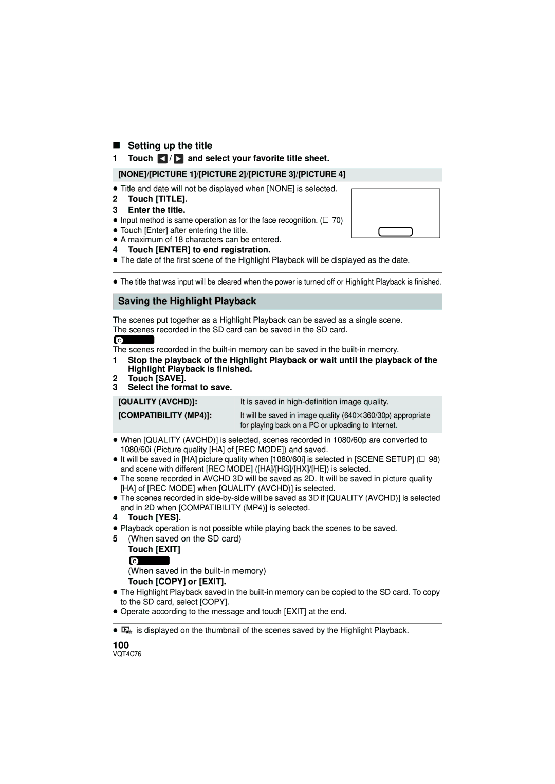 Panasonic HC-X900M owner manual Setting up the title, Saving the Highlight Playback, 100 