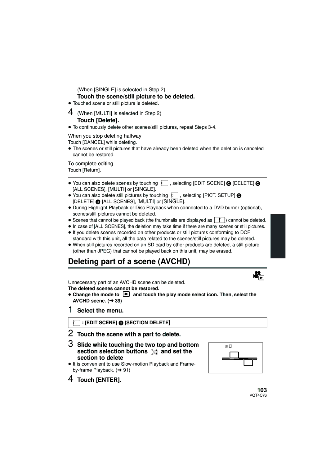 Panasonic HC-X900M owner manual Deleting part of a scene Avchd, Touch Delete, 103, Menu Edit Scene # Section Delete 