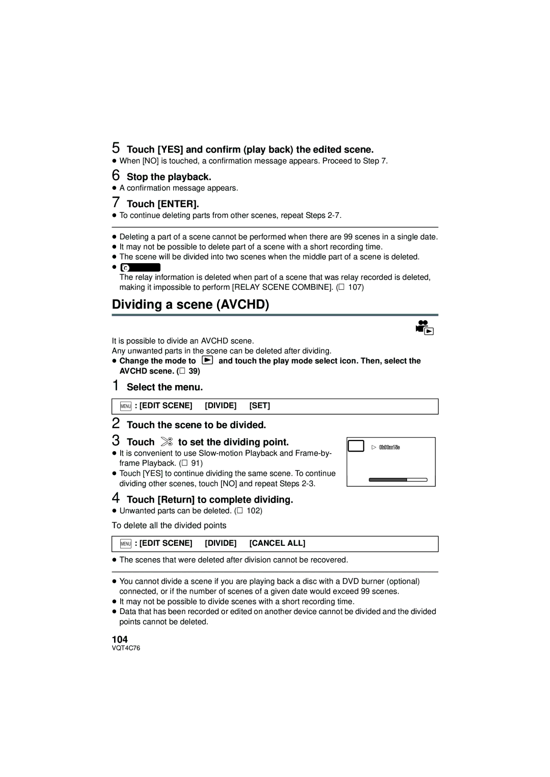 Panasonic HC-X900M owner manual Dividing a scene Avchd 