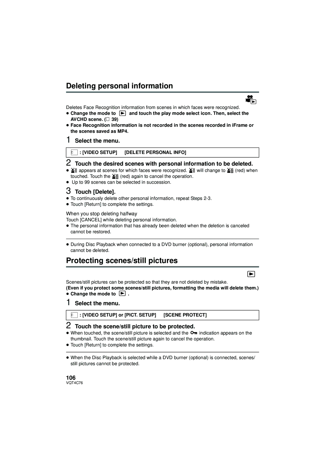 Panasonic HC-X900M owner manual Deleting personal information, Protecting scenes/still pictures, 106 