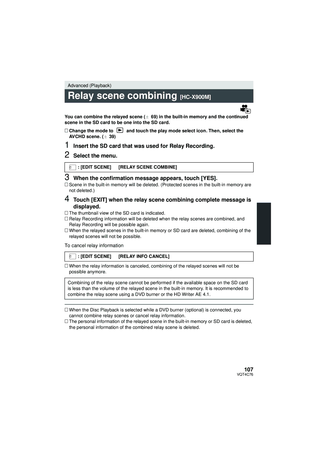 Panasonic owner manual Relay scene combining HC-X900M, Insert the SD card that was used for Relay Recording, 107 