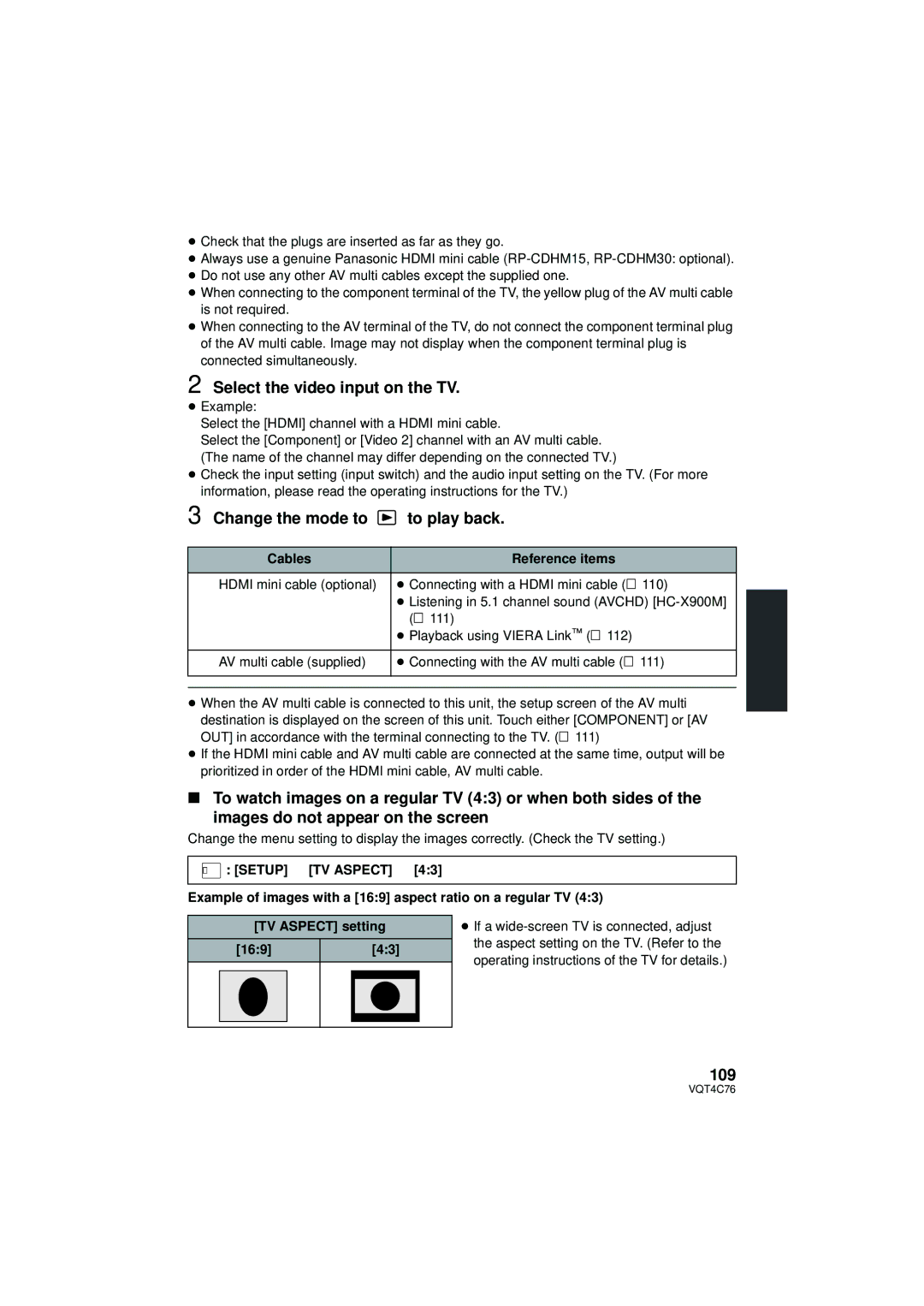 Panasonic HC-X900M Select the video input on the TV, Change the mode to to play back, 109, Cables Reference items 