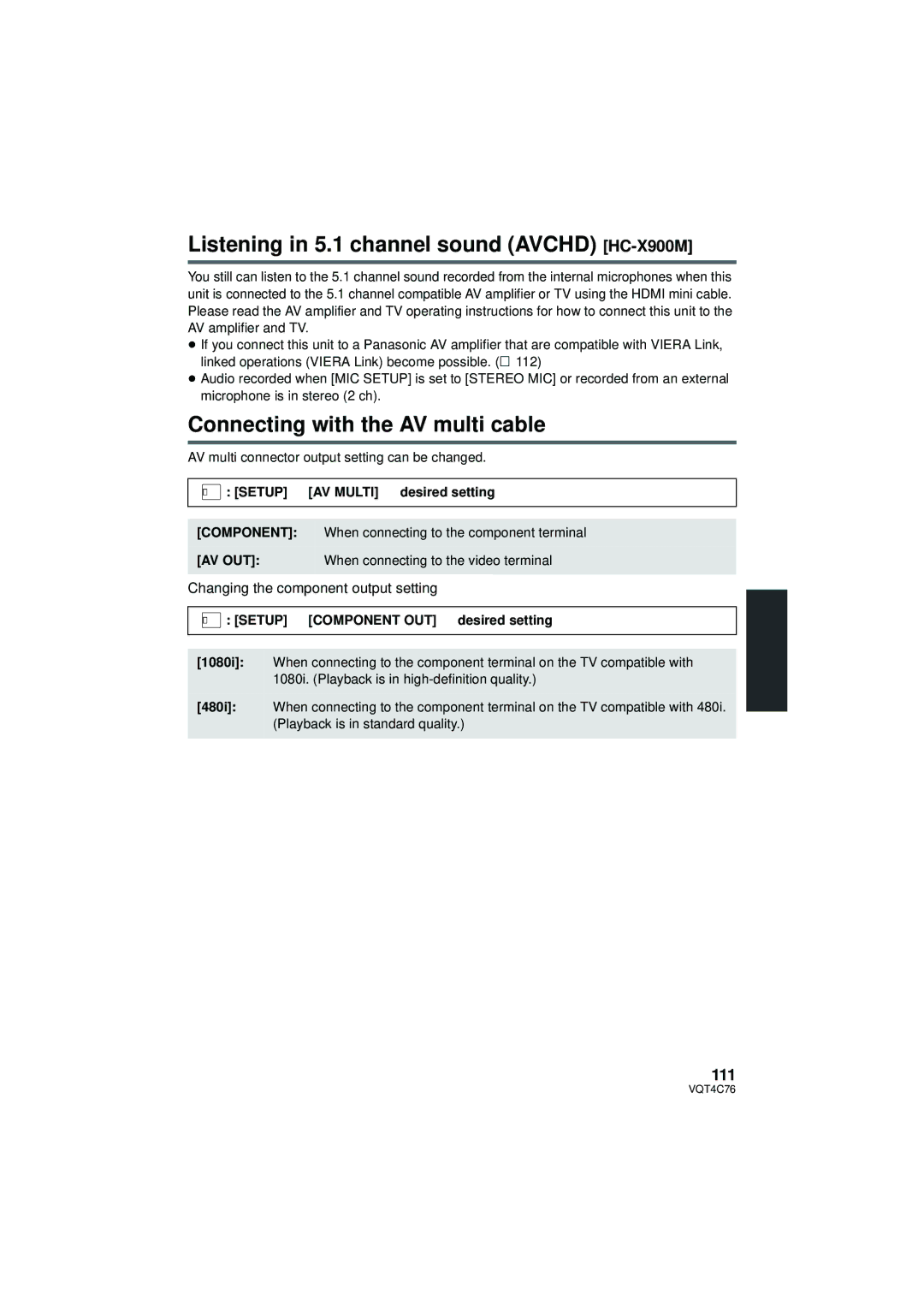 Panasonic owner manual Listening in 5.1 channel sound Avchd HC-X900M, Connecting with the AV multi cable, 111 