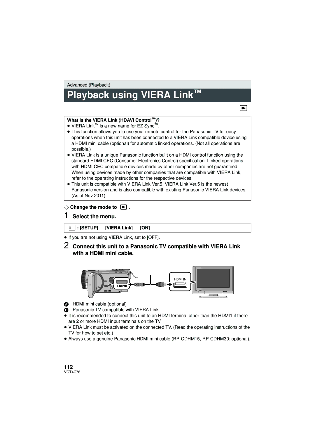 Panasonic HC-X900M Playback using Viera Link, 112, What is the Viera Link Hdavi Control?, Menu Setup # Viera Link # on 